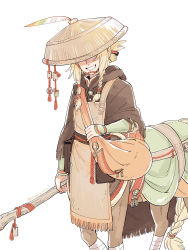 Rule 34 | 1girl, apron, bag, bandaged leg, bandages, black capelet, blonde hair, braid, braided tail, capelet, centaur, covered eyes, feathers, folded ponytail, grin, headwear request, highres, holding, holding staff, hood, hood down, hooded capelet, japanese clothes, leather belt, long hair, monster girl, original, shoulder bag, side braid, sidelocks, simple background, single braid, smile, solo, staff, standing, symbol-only commentary, taur, teeth, twitter username, vambraces, white background, yamanobe saya