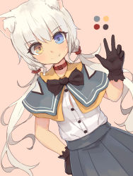 Rule 34 | 1girl, animal ear fluff, animal ears, black gloves, blue eyes, bow, bowtie, capelet, cat ears, collar, color guide, dutch angle, fang, fang out, gloves, grey skirt, hand on own hip, heterochromia, highres, long hair, looking at viewer, low twintails, original, pink background, shirt, shone, simple background, skirt, smile, solo, twintails, v, white hair, white shirt, yellow eyes