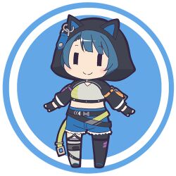 Rule 34 | 1girl, aizawa kazuha, animal ears, animal hood, assault lily, asymmetrical legwear, belt, black belt, black footwear, black gloves, black pantyhose, blue background, blue hair, blue shorts, blush, buckle, cat ears, cat hood, chibi, circle, closed mouth, commentary, crop top, cutoffs, fake animal ears, fingerless gloves, full body, gloves, green belt, grey shirt, grey thighhighs, hood, hood up, knee pads, long sleeves, looking at viewer, lowres, masaki itsuki, midriff, mismatched legwear, multiple belts, official alternate costume, open belt, outstretched arms, pantyhose, pantyhose under shorts, round image, shirt, shoes, short hair, shorts, shrug (clothing), single knee pad, single leg pantyhose, single thighhigh, smile, snap-fit buckle, solo, standing, thigh strap, thighhighs, transparent background, | |