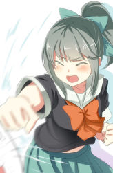 Rule 34 | 10s, 1girl, bad id, bad pixiv id, blurry, bow, clenched hands, commentary request, depth of field, engiyoshi, closed eyes, grey hair, hair bow, hair ornament, hair ribbon, kantai collection, open mouth, pleated skirt, ponytail, punching, ribbon, school uniform, serafuku, skirt, solo, yuubari (kancolle)