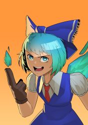 Rule 34 | 1girl, absurdres, blue bow, blue dress, blue eyes, blue hair, bow, cirno, collared shirt, cropped legs, dress, fairy wings, floating, floating object, frilled bow, frills, furrowed brow, gloves, gradient background, hair bow, highres, ice, ice wings, looking at viewer, looking up, necktie, open mouth, puffy short sleeves, puffy sleeves, red necktie, shirt, short hair, short sleeves, simple background, solo, teeth, the robot boy, touhou, undershirt, white shirt, wings