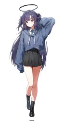 Rule 34 | 1girl, alternate costume, arm behind head, arm up, black footwear, black halo, black skirt, blue archive, blue eyes, blue hair, blue hoodie, blue necktie, closed mouth, collared shirt, commentary, cropped hoodie, full body, hair ornament, halo, highres, hood, hoodie, huhi (huhi 1211), long hair, long sleeves, looking at viewer, mechanical halo, miniskirt, necktie, parted bangs, pleated skirt, puffy long sleeves, puffy sleeves, shirt, simple background, skirt, sleeves past fingers, sleeves past wrists, smile, solo, standing, standing on one leg, thighs, two side up, walking, white background, white shirt, yuuka (blue archive)