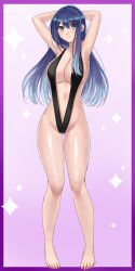 1girl absurdres alternate_breast_size arms_up black_slingshot_swimsuit blue_hair border breasts cleavage closed_mouth gluteal_fold green_eyes hazuki_(nyorosuke) highres kurokawa_akane large_breasts long_hair looking_at_viewer navel oshi_no_ko pink_background purple_border slingshot_swimsuit smile solo standing stomach swimsuit variant_set very_long_hair