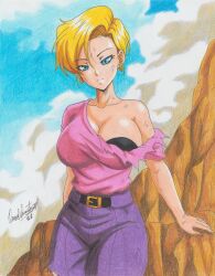 Rule 34 | 1girl, 2023, android 18, artist name, blonde hair, blue eyes, bra, breasts, cleavage, dragon ball, dragon ball gt, earrings, highres, injury, jewelry, looking at viewer, pink shirt, ravernclouk design, shirt, solo, standing, standing on one leg, strapless, strapless bra, torn clothes, traditional media, underwear, wardrobe malfunction