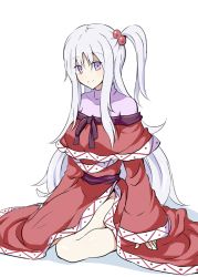 Rule 34 | 1girl, dress, hair bobbles, hair ornament, kenii, kenuu (kenny), light smile, long hair, looking at viewer, one side up, purple eyes, red dress, sash, shinki (touhou), side slit, silver hair, simple background, sitting, solo, touhou, touhou (pc-98), turtleneck, very long hair, wariza, white background