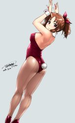 Rule 34 | 1girl, abe nana, absurdres, animal ears, arms up, ass, back, back-seamed legwear, breasts, brown hair, dated, detached collar, fake animal ears, highres, idolmaster, idolmaster cinderella girls, idolmaster cinderella girls starlight stage, kneepits, leotard, long hair, looking at viewer, looking back, pantyhose, playboy bunny, ponytail, rabbit ears, rabbit pose, rabbit tail, seamed legwear, sideboob, simple background, smile, solo, strapless, strapless leotard, tachibana roku, tail, wrist cuffs
