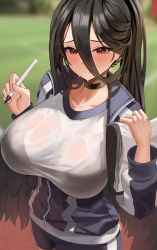 Rule 34 | 1girl, absurdres, black choker, black hair, blue archive, blush, breasts, choker, clipboard, closed mouth, collarbone, commentary, hair between eyes, hasumi (blue archive), hasumi (track) (blue archive), highres, holding, holding clipboard, huge breasts, jacket, long hair, long sleeves, looking at viewer, low wings, mole, mole under eye, onedoo, outdoors, partially unzipped, shirt, solo, symbol-only commentary, white shirt, wings