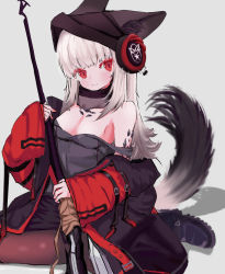 Rule 34 | 1girl, absurdres, animal ears, arknights, beanie, black footwear, black hair, black pantyhose, black skirt, breasts, brown hair, ears through headwear, fox ears, fox girl, fox tail, frostleaf (arknights), grey background, hat, headphones, highres, holding, holding polearm, holding weapon, jacket, long hair, looking at viewer, material growth, medium breasts, nyashiro (sgylk), off-shoulder shirt, off shoulder, open clothes, open jacket, oripathy lesion (arknights), pantyhose, polearm, red eyes, red jacket, shadow, shirt, sitting, skirt, solo, tail, wariza, weapon