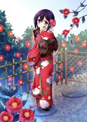 Rule 34 | 1girl, :t, absurdres, blurry, blush, closed mouth, day, depth of field, facepaint, fence, floral print, flower, from behind, full body, hagoita, hair between eyes, hair ornament, hanetsuki, head tilt, highres, japanese clothes, kanzashi, kimono, looking at viewer, looking back, obi, original, outdoors, paddle, petals, purple eyes, purple hair, red kimono, sash, scan, short hair, solo, standing, tamakake, wooden fence, yukata