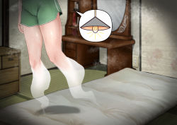 Rule 34 | 1girl, absurdres, alternate costume, blurry, blurry background, commentary request, drawer, floating, futon, ghost tail, green shorts, highres, indoors, light, lower body, mirror, shelf, shorts, soga no tojiko, solo, spoken object, steam, tatami, thighs, tlandolt69, touhou, wall