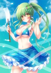 Rule 34 | 1girl, bare arms, bikini, bikini top only, blue bikini, blue skirt, blush, breasts, cleavage, clothes lift, cloud, cloudy sky, commentary request, day, frilled skirt, frills, frog hair ornament, gohei, green hair, hair between eyes, hair ornament, highres, holding, kochiya sanae, light particles, long hair, looking at viewer, medium breasts, navel, osashin (osada), ponytail, skirt, skirt lift, sky, snake hair ornament, solo, swimsuit, talisman, touhou, wavy mouth, yellow eyes