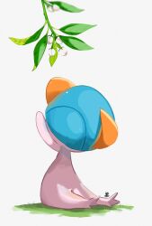 Rule 34 | alternate color, blue hair, colored skin, commentary, creatures (company), game freak, gen 3 pokemon, highres, leaf, midori8 10, nintendo, on grass, plant, pokemon, pokemon (creature), ralts, reaching, shiny pokemon, simple background, symbol-only commentary, white background, white skin