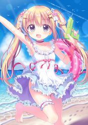 Rule 34 | 1girl, :d, arm up, bare arms, bare shoulders, barefoot, beach, blonde hair, blue eyes, blue flower, blush, bow, braid, collarbone, commentary request, dress, flower, frilled dress, frills, hair between eyes, hair bow, hair flower, hair ornament, highres, horizon, innertube, long hair, moe2020, ocean, open mouth, original, outstretched arm, pink flower, polka dot, red bow, red ribbon, ribbon, riria (happy strawberry), sand, sleeveless, sleeveless dress, smile, solo, standing, standing on one leg, swim ring, transparent, twintails, very long hair, water, water gun, white bow, white dress