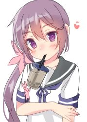 Rule 34 | 1girl, :3, akebono (kancolle), blush, bubble tea challenge, rabbit, commentary request, drinking straw, flower, hair flower, hair ornament, heart, highres, kantai collection, long hair, looking at viewer, neck ribbon, purple eyes, purple hair, ribbon, sailor collar, school uniform, serafuku, side ponytail, simple background, upper body, very long hair, white background, yuuzaki