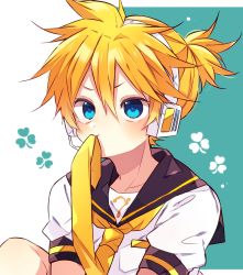 Rule 34 | 1boy, bass clef, black collar, blonde hair, blue eyes, collar, commentary, headphones, highres, kagamine len, kaho 0102, knee up, leaf, looking at viewer, male focus, mouth hold, necktie, necktie in mouth, sailor collar, school uniform, shirt, sitting, spiked hair, two-tone background, upper body, v-shaped eyebrows, vocaloid, white shirt, yellow neckwear
