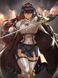 Rule 34 | 1girl, alear (female) (fire emblem), alear (fire emblem), armor, blue eyes, blue hair, blush, braid, breasts, crossed bangs, crown braid, david liu, fire emblem, fire emblem engage, gloves, heterochromia, highres, holding, holding sword, holding weapon, jewelry, long hair, looking at viewer, medium breasts, multicolored hair, nintendo, red eyes, red hair, solo, split-color hair, sword, thigh strap, thighhighs, tiara, two-tone hair, very long hair, weapon