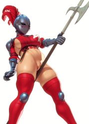 Rule 34 | 1girl, absurdres, borrowed character, bottomless, breasts, cleft of venus, covered erect nipples, dagger, feathers, female masturbation, gauntlets, grinding, halberd, hand up, helmet, highres, holding, holding weapon, john doe, kardia, knife, large breasts, legs apart, masturbation, navel, nisetanaka, original, polearm, pussy, pussy juice, red feathers, red thighhighs, rubbing, sheath, sheathed, simple background, solo, standing, sweat, thighhighs, weapon, white background