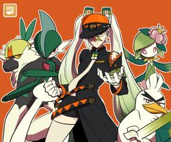 Rule 34 | 1girl, black coat, clenched hand, closed mouth, coat, commentary request, creatures (company), fighting miku (project voltage), gallade, game freak, gen 4 pokemon, gen 7 pokemon, gen 8 pokemon, gloves, green hair, hair between eyes, hat, hatsune miku, hisuian lilligant, korean commentary, long hair, multicolored hair, necktie, nenemddin, nintendo, orange background, orange headwear, passimian, pokemon, pokemon (creature), project voltage, safety pin, simple background, sirfetch&#039;d, thighhighs, twintails, very long hair, vocaloid, white gloves, white hair, white thighhighs