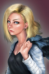 Rule 34 | 1girl, android 18, blonde hair, blue eyes, breasts, cleavage, dragon ball, dragonball z, meganerid, short hair, small breasts, solo