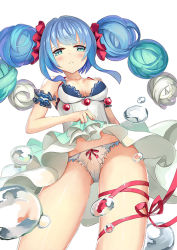 Rule 34 | 1girl, air bubble, arm garter, blue eyes, blue hair, blush, bow, bow panties, breasts, brionne, bubble, cleavage, clothes lift, creatures (company), dress, from below, frown, game freak, gen 7 pokemon, leg ribbon, lifting own clothes, matching hair/eyes, medium breasts, monster, nintendo, panties, personification, pokemon, pokemon sm, red ribbon, ribbon, sakaraubito, skirt, skirt lift, solo, standing, thigh ribbon, twintails, underwear, white background, white panties, white skirt