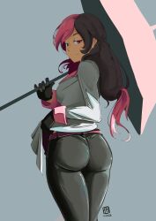 Rule 34 | 1girl, ass, automatic giraffe, black hair, breasts, clothes lift, dress, dress lift, glasses, heterochromia, highres, large breasts, looking back, multicolored hair, neo politan, pants, pink hair, rwby, seductive smile, sideboob, smile, tight clothes, tight pants, two-tone hair, umbrella