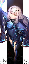 Rule 34 | 1girl, armor, armored dress, blue armor, blue dress, blue legwear, breastplate, breasts, brown eyes, dress, melusine (fate), melusine (first ascension) (fate), fate/grand order, fate (series), faulds, forked eyebrows, highres, long hair, looking at viewer, ninoude (ninoude44), pauldrons, short dress, shoulder armor, sidelocks, small breasts, solo, thighs, weapon, white hair
