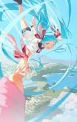Rule 34 | 1girl, 1other, blue eyes, blue hair, blue sky, bow, chi chi3939, day, falling, hair bow, hatsune miku, highres, holding hands, looking at viewer, midair, multiple hair bows, open mouth, pov, pov hands, red bow, sekiranun graffiti (vocaloid), short sleeves, sky, smile, vocaloid