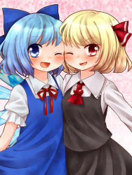 Rule 34 | 2girls, ;d, blonde hair, blouse, blue eyes, blue hair, bow, cheek-to-cheek, cirno, hair bow, hair ribbon, heads together, multiple girls, namino., one eye closed, open mouth, red eyes, ribbon, rumia, shirt, short hair, simple background, smile, touhou, vest, wings, wink