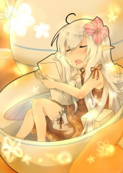 Rule 34 | ahoge, bad id, bad pixiv id, bloomers, closed eyes, cup, dress, fairy, flower, hair flower, hair ornament, in container, in cup, licking, mini person, minigirl, original, pointy ears, saliva, solo, sugar cube, teacup, underwear, wanijima gaburi, white hair, wings