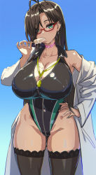 Rule 34 | 1girl, antenna hair, black hair, black one-piece swimsuit, black thighhighs, breasts, cleavage, day, dripping, eating, food, food in mouth, front zipper swimsuit, green eyes, hand on own hip, hasegawa chisato, heart, heart-shaped pupils, highleg, highres, holding, holding food, ice cream, ice cream bar, jewelry, large breasts, long hair, mature female, melting, meme attire, mole, mole under eye, mouth hold, one-piece swimsuit, ookuma nekosuke, popsicle, ring, sexually suggestive, shinmai maou no testament, solo, sweat, swimsuit, swimsuit under clothes, swimsuit under labcoat, symbol-shaped pupils, thighhighs, thighs