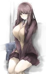 Rule 34 | 1girl, bag, between legs, blazer, blush, breasts, brown eyes, brown hair, brown jacket, brown skirt, closed mouth, collared shirt, crying, crying with eyes open, dress shirt, hair ornament, hair over shoulder, hairclip, hand between legs, have to pee, highres, indoors, jacket, karikari bekonn, large breasts, legs together, long hair, long sleeves, looking at viewer, miniskirt, neck ribbon, nose blush, original, pleated skirt, red ribbon, ribbon, school bag, school uniform, shirt, shoulder bag, sitting, skirt, solo, sweat, sweater vest, tearing up, tears, v arms, wavy mouth