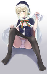 Rule 34 | 1girl, :&lt;, artoria pendragon (all), artoria pendragon (fate), bag, black pantyhose, blonde hair, blush, bow, breasts, choker, cleavage, closed mouth, clothes pull, fate/grand order, fate (series), hair bow, hands up, highres, holding, holding bag, looking at viewer, medium breasts, panties, pantyhose, parufeito, saber alter, santa alter, short hair, sidelocks, simple background, sitting, solo, spread legs, underwear, white background, yellow eyes