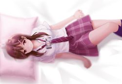 Rule 34 | 1girl, black socks, brown eyes, brown hair, cellphone, collarbone, hair ornament, long hair, looking at another, lying, matching hair/eyes, miniskirt, necktie, ohjin, on back, original, phone, pillow, revision, school uniform, shirt, simple background, skirt, smartphone, socks, solo, thighs