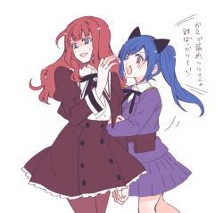 Rule 34 | 2girls, :o, animal ears, arm at side, arm hug, assault lily, belt, belt pouch, black ribbon, black skirt, blue eyes, blue hair, blunt bangs, blush, bright pupils, brown belt, brown hair, brown pantyhose, cat ears, collared shirt, cowboy shot, cropped jacket, epaulettes, fake animal ears, frilled skirt, frills, hand up, high-waist skirt, high ponytail, highres, implied yuri, ishikawa aoi, jacket, jewelry, juliet sleeves, kaede johan nouvel, long hair, long sleeves, looking at another, looking away, looking to the side, miniskirt, motion lines, multiple girls, neck ribbon, no panties, pantyhose, parted lips, pouch, puffy sleeves, purple eyes, purple jacket, purple skirt, raised eyebrow, ribbon, ring, school uniform, shaded face, shadow, shirt, side ponytail, simple background, skirt, sorato (astllatte), sweat, sweatdrop, swept bangs, teeth, upper teeth only, white background, white pupils, white shirt, yurigaoka girls academy school uniform