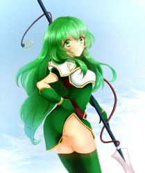 Rule 34 | 1girl, armor, ass, bad id, bad pixiv id, blue background, breastplate, dress, elbow gloves, fire emblem, fire emblem: mystery of the emblem, gloves, green dress, green eyes, green hair, lance, long hair, looking at viewer, looking back, matching hair/eyes, nintendo, no panties, palla (fire emblem), pegasus knight uniform (fire emblem), polearm, setoda (llgo), side slit, simple background, skirt, solo, spear, thighhighs, weapon