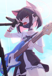Rule 34 | 1girl, absurdres, animal ears, bass guitar, black choker, black hair, blue archive, blunt ends, breasts, cat ears, cat girl, choker, clothes around waist, colored inner hair, commentary, cowboy shot, ear piercing, guitar, hair ornament, hairclip, half-closed eyes, halo, highres, holding, holding guitar, holding instrument, holding microphone, instrument, jacket, jacket around waist, kazusa (blue archive), microphone, microphone stand, miniskirt, multicolored hair, music, official alternate costume, open mouth, piercing, pink hair, pink halo, playing instrument, pleated skirt, print shirt, red eyes, shirt, short hair, short sleeves, singing, skirt, small breasts, solo, symbol-only commentary, teeth, upper teeth only, white shirt, white skirt, whonyang