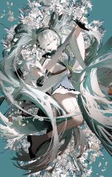 Rule 34 | 1girl, absurdly long hair, blue eyes, blue hair, dress, glutton (18152740927lx), hatsune miku, headphones, long hair, looking to the side, miku with you (vocaloid), pale skin, short dress, thighs, twintails, umbrella, very long hair, vocaloid