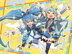 Rule 34 | &gt; &lt;, 2girls, :d, > <, blue dress, blue hair, blue skirt, blue thighhighs, blush, boots, brooch, character name, choker, closed eyes, color connection, cosplay, costume switch, crossover, crown, cure marine, cure marine (cosplay), cure princess, cure princess (cosplay), dress, english text, hair ornament, hair ribbon, happinesscharge precure!, happy, hc2002, heart, heart brooch, heart hair ornament, heartcatch precure!, highres, jewelry, kurumi erika, long hair, magical girl, multiple girls, open mouth, precure, puffy sleeves, ribbon, shirayuki hime, shirt, skirt, smile, thighhighs, thighs, trait connection, twintails, vest, wavy hair, white legwear, wrist cuffs, xd, yellow background