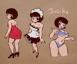 Rule 34 | 1girl, alternate costume, apron, bare shoulders, bikini, black dress, black footwear, black hair, blue bikini, bob cut, breasts, cleavage, cowboy shot, cropped legs, dress, enmaided, frilled dress, frills, from above, from behind, high heels, isomaru, jucika, jucika (comic), large breasts, looking back, maid, maid headdress, multiple views, navel, open mouth, red dress, short hair, smile, swimsuit, thick thighs, thighs, white apron