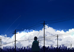 Rule 34 | 1girl, absurdres, blue sky, blue theme, brown hair, building, city, cloud, commentary request, contrail, cowboy shot, day, from behind, highres, light particles, meeu0biss, original, outdoors, power lines, scenery, silhouette, sky, skyline, solo, utility pole