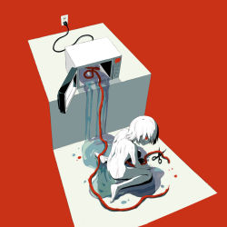 Rule 34 | avogado6, barefoot, colored skin, electrical outlet, electrical outlet, limited palette, looking at viewer, microwave, nude, original, puddle, red background, red eyes, scissors, sideways glance, sitting, solo, umbilical cord, wariza, water, wet, white hair, white skin