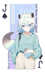 Rule 34 | 1girl, absurdres, alternate costume, animal ears, backpack, bag, blue archive, blue eyes, casual, closed mouth, commentary, english commentary, english text, flask, gradient eyes, green sweater, halo, highres, jack (playing card), jack of spades, light green hair, long sleeves, looking at viewer, mona kkkk, multicolored eyes, outside border, purple eyes, shigure (blue archive), short hair, skirt, smile, solo, standing, sweater, tail, weasel ears, weasel girl, weasel tail