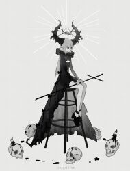 Rule 34 | 1girl, bird, blood, bow, braid, candle, carriann000, chinese commentary, cross, crow, curled horns, dated, demon horns, dress, flat chest, full body, highres, holding, holding cross, horn ornament, horns, long hair, long sleeves, looking ahead, monochrome, neck ruff, original, pointy ears, see-through silhouette, shoes, side braid, simple background, sitting, skull, stool