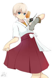 Rule 34 | 1girl, absurdres, aircraft, airplane, blonde hair, blue eyes, clothes lift, cowboy shot, dougi, gloves, hair ornament, hakama, hakama short skirt, hakama skirt, highres, japanese clothes, kantai collection, lifted by self, long hair, looking at viewer, neve (morris-minicooper), red hakama, shin&#039;you (kancolle), side ponytail, signature, simple background, single glove, skirt, skirt lift, solo, white background