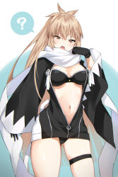 Rule 34 | 1girl, :o, ?, absurdres, bikini, bikini under clothes, black bikini, black gloves, black jacket, blonde hair, blush, breasts, brown eyes, character request, cleavage, cowboy shot, danimaru, fate/grand order, fate (series), gloves, gluteal fold, hand up, highres, jacket, long hair, long sleeves, medium breasts, navel, okita j. souji (fate), okita j. souji (second ascension) (fate), open clothes, open jacket, open mouth, scarf, sidelocks, skindentation, solo, speech bubble, spoken question mark, stomach, swimsuit, thigh strap, two-tone background, v-shaped eyebrows, very long hair, white scarf, wide sleeves