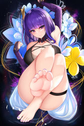Rule 34 | 1girl, arm up, armpits, bare shoulders, blunt bangs, blush, breasts, bridal gauntlets, cleavage, closed mouth, collarbone, commentary, commentary request, feet, flower, foot focus, genshin impact, hair ornament, highres, large breasts, long hair, looking at viewer, mole, mole under eye, nail polish, nekoda (maoda), purple eyes, purple hair, purple nails, raiden shogun, solo, thigh strap, thighs, toenail polish, toenails, toes