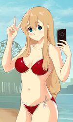 Rule 34 | 1girl, absurdres, beach, bikini, blonde hair, blue eyes, blue sky, blush, breasts, cellphone, cleavage, closed mouth, cloud, collarbone, cowboy shot, day, ferris wheel, grand theft auto, grand theft auto v, hair between eyes, highres, holding, holding phone, k-on!, kotobuki tsumugi, large breasts, long hair, navel, outdoors, pedro002mot, phone, red bikini, sky, smartphone, smile, standing, swimsuit, thick eyebrows, v