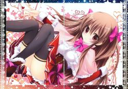 Rule 34 | 1girl, black thighhighs, blush, boots, bow, brown hair, capelet, crease, fur-trimmed boots, fur trim, hair bow, hair ornament, heart, long hair, looking at viewer, original, pleated skirt, red eyes, red skirt, scan, shiramori yuse, skirt, smile, solo, star (symbol), thighhighs