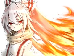Rule 34 | 1girl, bow, fiery hair, fire, fujiwara no mokou, grey scarf, hair bow, long hair, looking at viewer, ponytail, red bow, red eyes, scarf, serious, shirt, solo, suspenders, torn bow, torn clothes, torn scarf, torn shirt, touhou, tsune (tune), two-tone bow, upper body, white background, white bow, white hair, white shirt