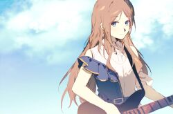 Rule 34 | 1girl, artist request, bang dream!, bang dream! it&#039;s mygo!!!!!, bass guitar, blue eyes, blue sky, brown hair, chinese commentary, closed mouth, cloud, commentary request, commission, day, earrings, guitar, holding, holding guitar, holding instrument, instrument, jewelry, long hair, looking at viewer, nagasaki soyo, off-shoulder shirt, off shoulder, outdoors, playing guitar, second-party source, shirt, sky, smile, solo, upper body, white shirt